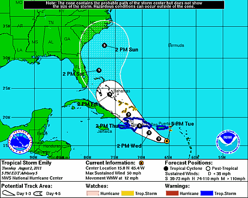 This chart shows Tropical Storm Emily's forcasted path through Thursday (Courtesy National Hurricane Center).