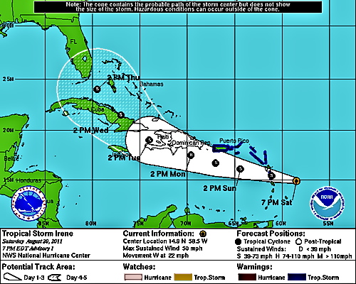 The National Hurricane Center's map shows the likely course of Tropical Storm Irene, brushing south of St. Croix.