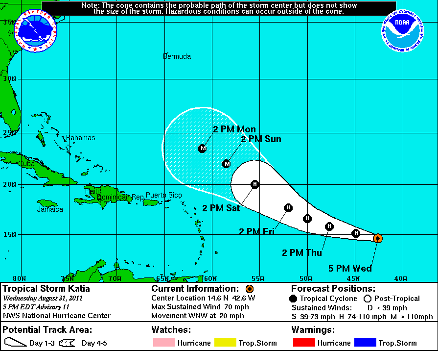 Katia's projected storm track through Monday afternoon (Courtesy National Weather Service)