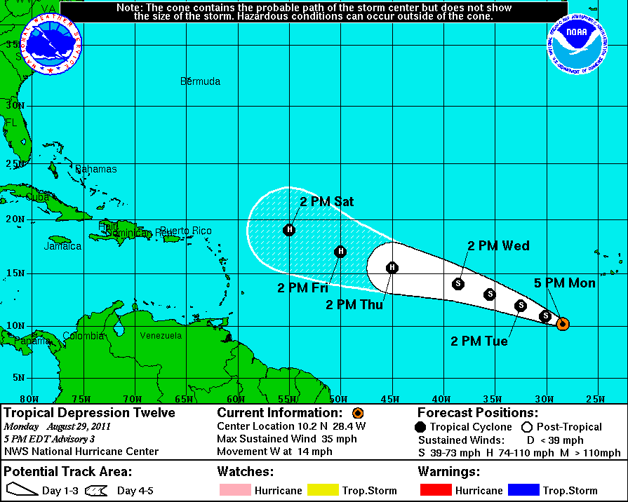 The projected path of what should soon be Tropical Storm Katia (Courtesy National Weather Service)