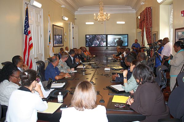 V.I. emergency response officials assured Gov. deJongh they were prepared for Tropical Storm Emily. 