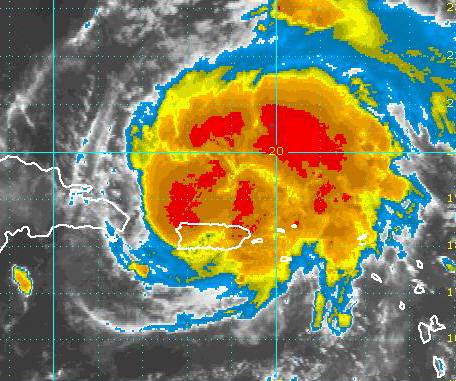 Hurricane Irene churns north of Puerto Rico and the V.I. early Monday. (NOAA image)