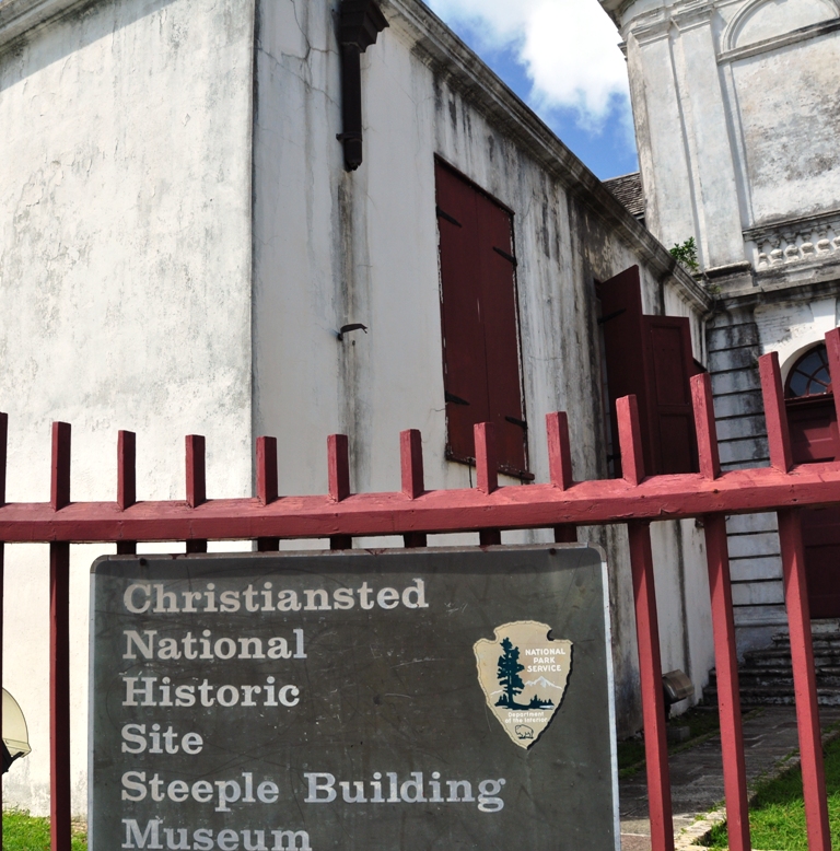 Christiansted's Historic Steeple Building was recently stripped of its copper downspouts.