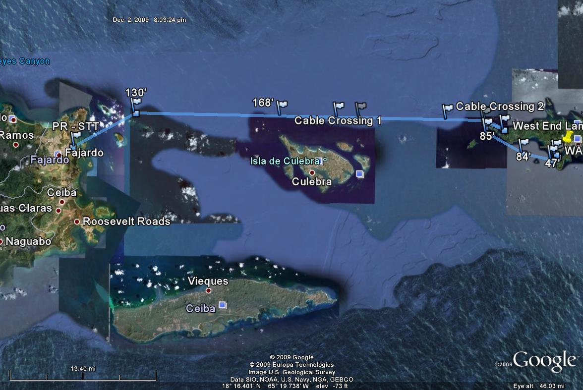 This map shows the proposed route for a power cable connecting St. Thomas to Puerto Rico.