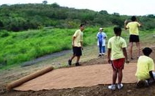 Pearl B. Larsen students and teachers install erosion control mats for their bio swale.