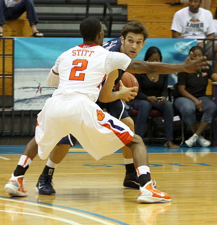 Clemson's Demontez Stitt pressures Old Dominion's Trian Illadis Sunday.