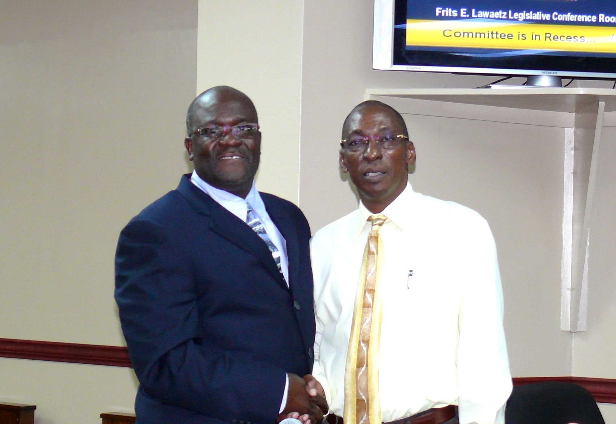 Fire Service Director nominee Steve Brow (left) with Sen. Usie Richards at Thursday's nomination hearing.