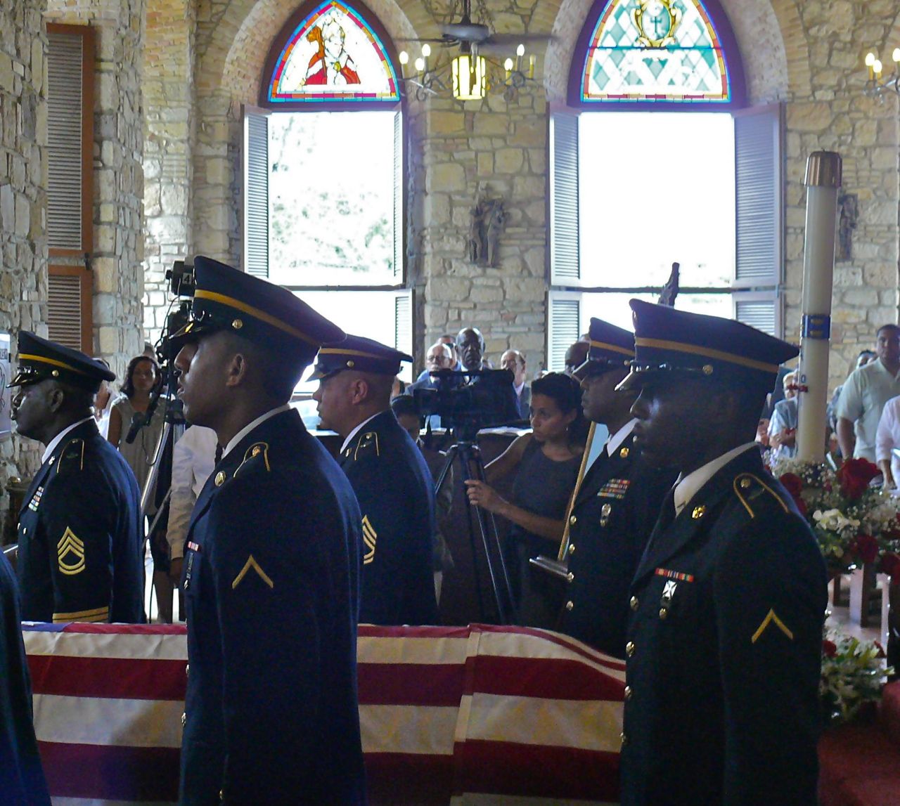 V.I. National Guard pallbearers carry Gov. Juan F. Luis' casket out of Christiansted's Holy Cross Catholic Church at the conclusion of his funeral Thursday.