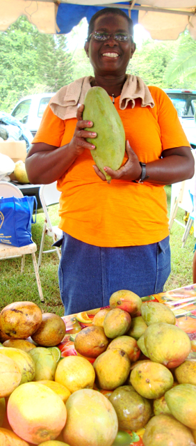 Gloria F. Neale-Felix proudly displays one of her mega mangoes.