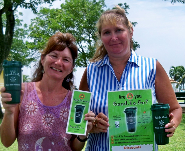 Colleen Sullivan, left, and Karen McIntyre display Good.To.Go cups.