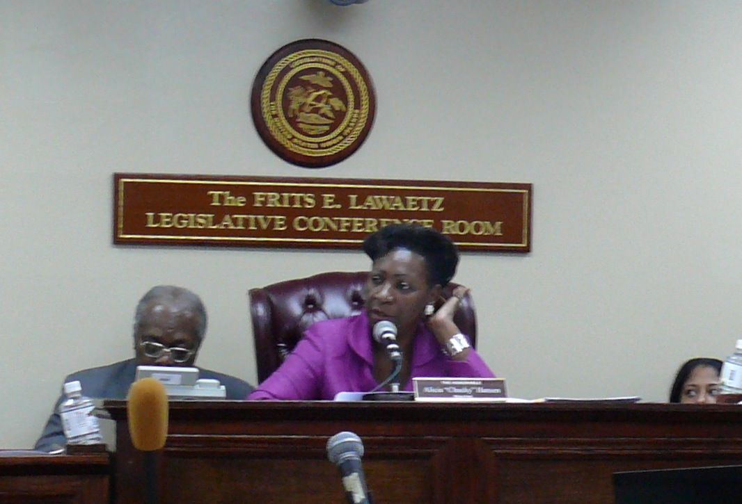 Sen. Alicia "Chucky" Hansen at Wednesday's committee hearing in Frederiksted.