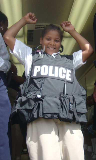 Markoe first-grader Luis Navarro is jazzed to be wearing a bulletproof vest.