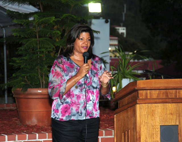 V.I. first lady Cecille deJongh addresses a fundraising event for Camp Shriver.