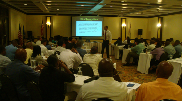 Attorney Eric Daigle leads a training session for V.I. law officers at Carambola Wednesday.