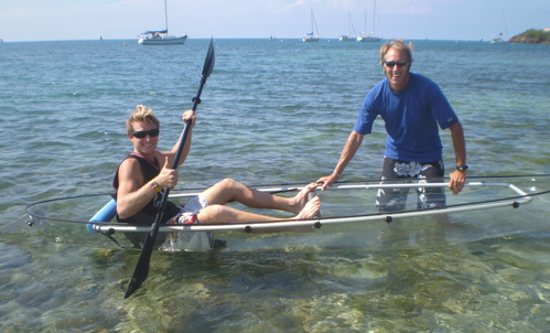 Bryce, left, and Craig Scott with a Molokinis clear kayak.
