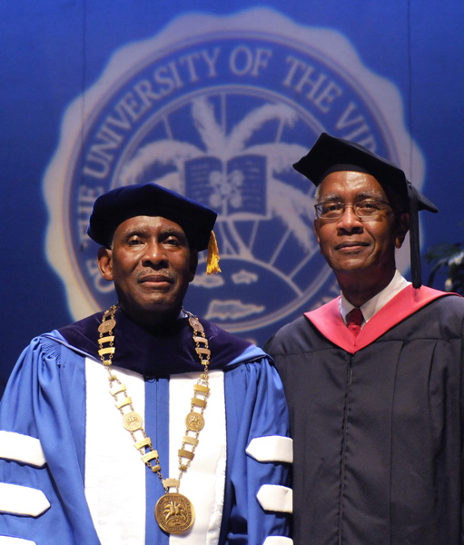 UVI's fifth president, Dr. David Hall, left, with UVI Board of Trustees Chair Alexander A. Moorhead, who installed Hall in ceremonies Saturday. (Photo courtesy of UVI Public Affairs)