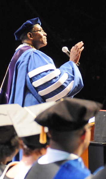 Dr. David Hall expresses his vision for the future of UVI to family, friends, UVI faculty, staff and students who attended his inauguration at UVI's Reichhold Center for the Arts on the University's St. Thomas campus. (Photo courtesy of UVI Public Affairs)