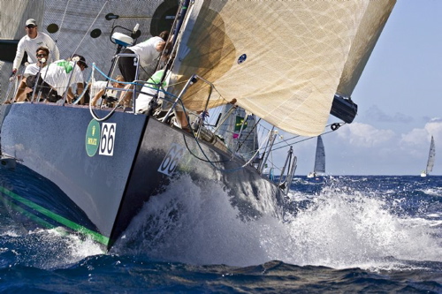 Donnybrook, a Custom 72 Sloop owned by James P. Muldoon of Washington, D.C., slices through the waters of St. Thomas during the International Rolex Regatta. (Photo by Rolex/Ingrid Abery)