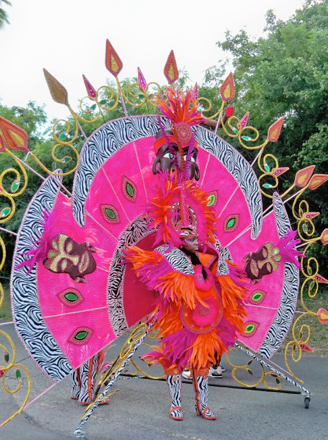 A parade participant leads her troupe down the streets of Frederiksted.