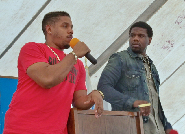 Timothy Thomas, in the red shirt, and brother Theron Thomas, who form the songwriting-production team of Rock City, performed during the conference.