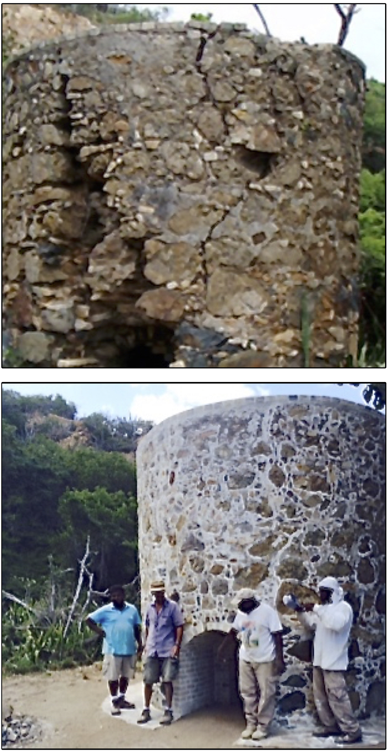 The Hassel Island lime kiln before it was repaired, aboive, and after the restoration. (Photos provided by the St. Thomas Historical Trust)