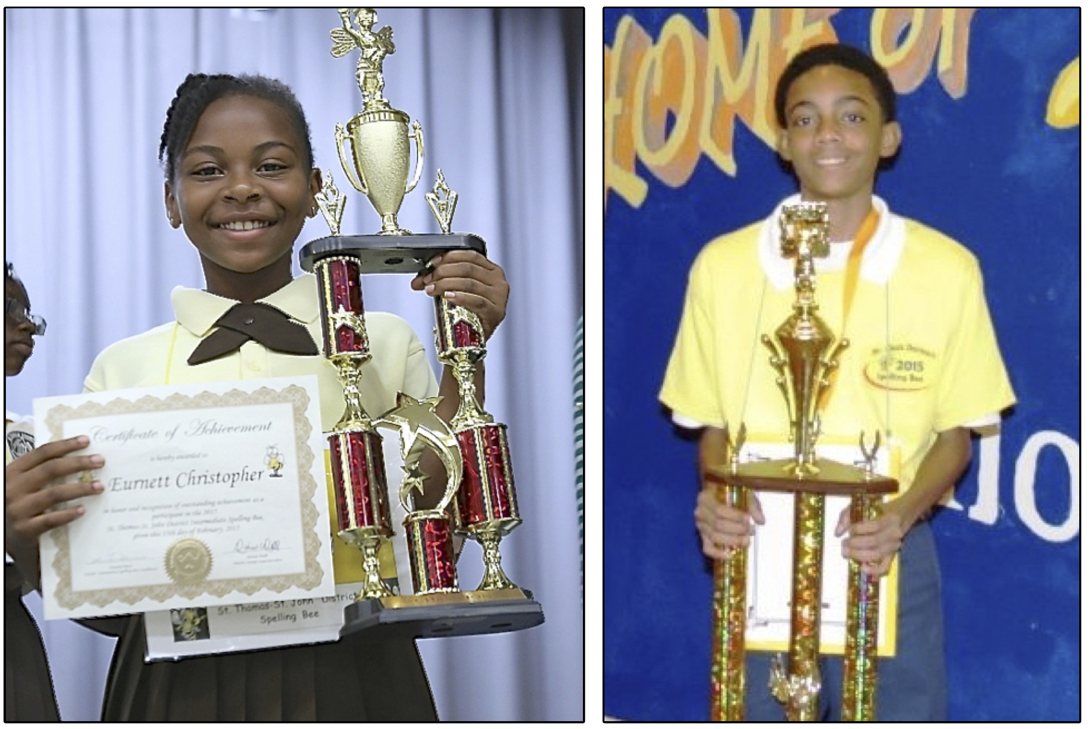 Eurnett Christopher, left, and Khaien Donawa hoist their trophies won in Friday's district spelling bees.