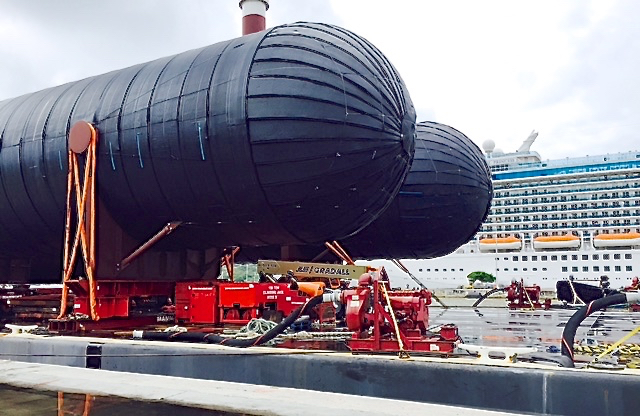 Two of WAPA's propane storage tanks sit at Crown Bay, waiting to be transported to the power plant. (WAPA photo)