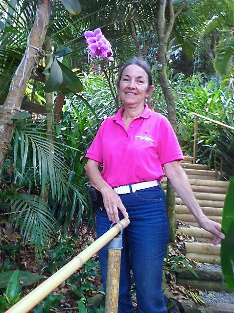 Patsy Breunlin pauses on the path in her botanical garden. 