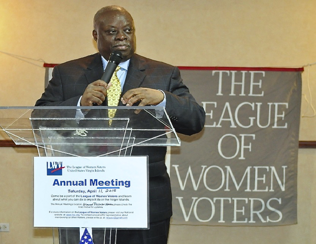 Gov. Kenneth Mapp addresses the V.I. League of Women Voters at the organization's annual meeting at the Windward Passage Hotel.