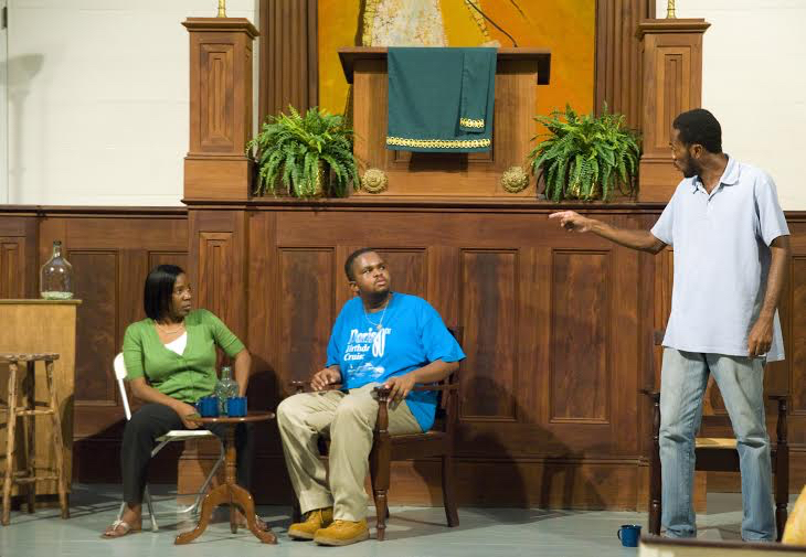Mariah Hodge, playing Miss Ethel, Paul Maynard Jr., as Chefton, and Noel Charles, playing Cephas, rehearse the Gospel play &ldquo;In Her Shoes.&rdquo; (Photo by Clara Freeman)