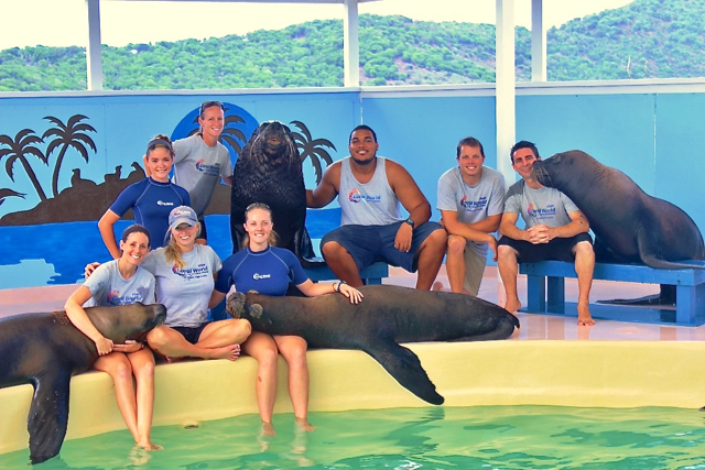 Coral World&rsquo;s animal trainers pose with the facility&rsquo;s sea lions. (Photo provided by Coral World)