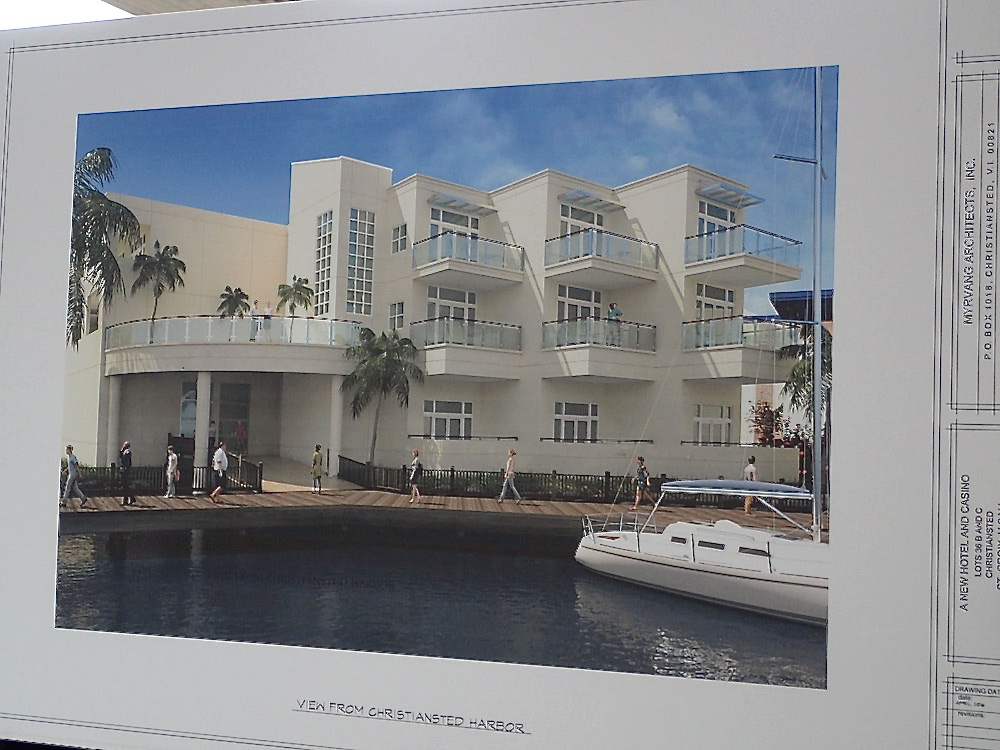 Drawing shows the view from Christiansted Harbor of the future downtown casino and hotel.