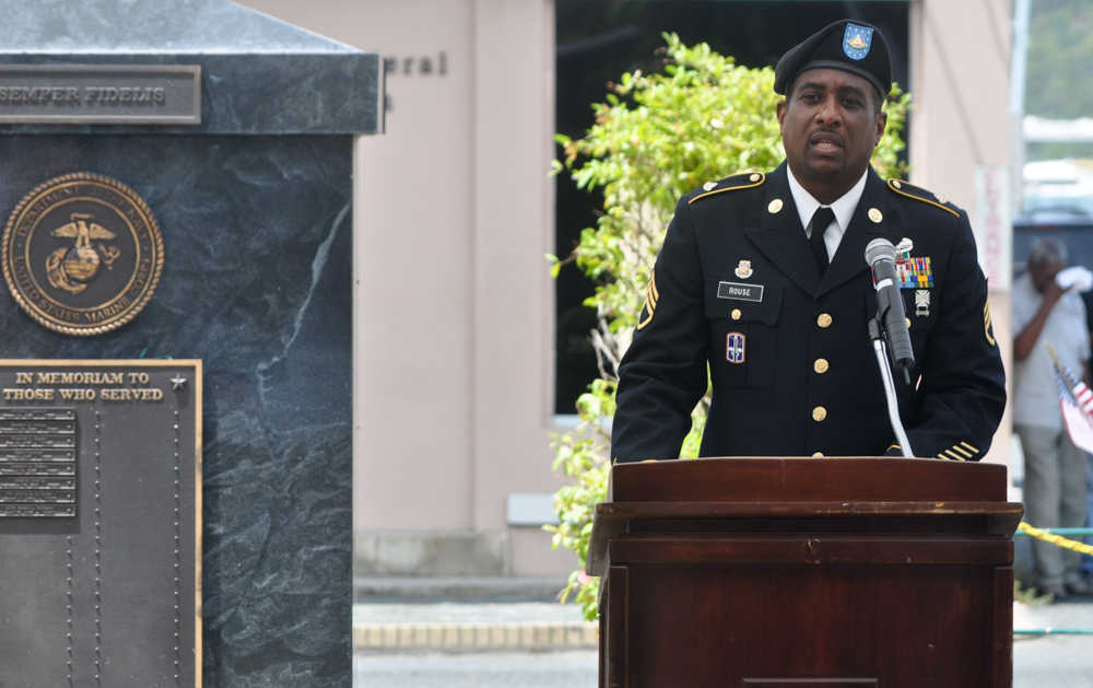 Staff Sergeant Rae Rouse delivers the Memorial Day keynote address at Veterans Park.