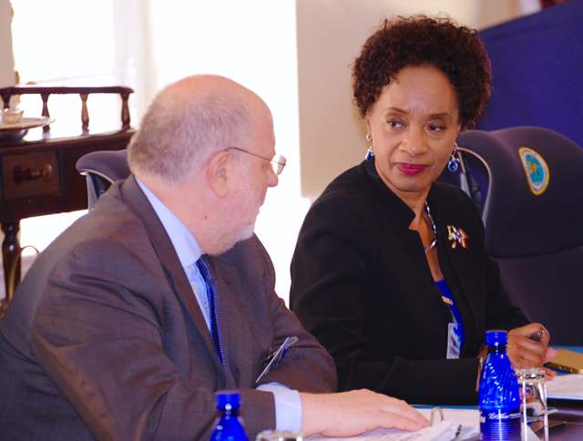 U.S. Health and Human Services Assistant Secretary Mark Greenberg and Region II Administrator Joyce Thomas meet with V.I. officials Tuesday on St. Thomas. (Photo provided by Government House.)