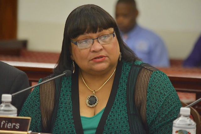 Education Commissioner Sharon McCollum testifies Monday at the Senate budget hearing. (Barry Leerdam photo, provided by the V.I. Legislature.