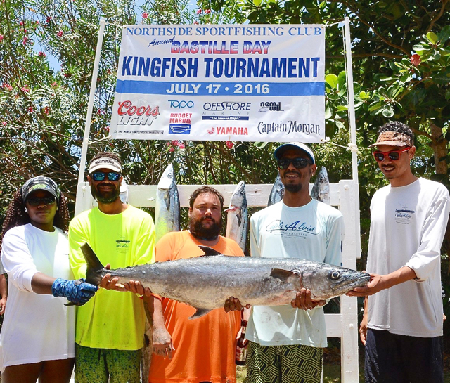 From left, Tamika Turbe (Third Largest Kingfish and Best Female), Captain Alvin Turbe (Best Captain), Gerald Greaux, Jr, Gilbert Laban (Largest Kingfish and Best Male Angler) and Joshua Laban. (Dean Barnes photo)