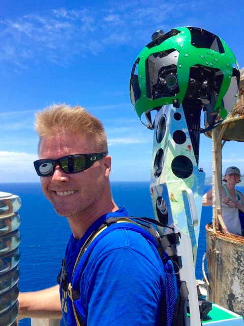 Kirk Thompson wears Google's Street View Trekker camera.