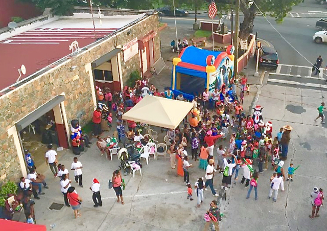 A bird's eye view of the holiday party, taken from one of the Fire Service's buchet trucks.