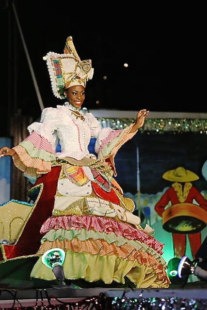 Deja'Nique Navarro wears a cultural costume showing off the historic fabrics of the islands. Navarro won this year's title of Carnival Queen.