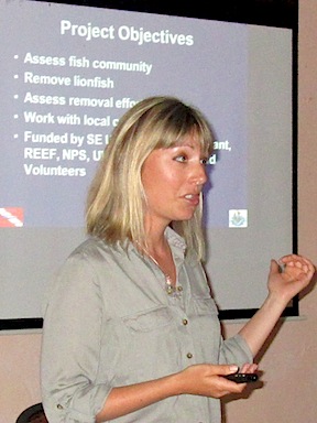 Oregon State University researcher Stephanie Green discusses a recent collaborative study on lionfish suppression Tuesday evening.