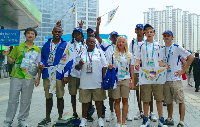 Jemille Vialet, Ajai Sweeney, Carlos Rosa, Kohun Eugene, and Jerall Nicholas, and front row from left, coach Ileta Potter, Paige Clarke, Scott McKenzie, and Chef de Mission Ansen Sligar. Not pictured, coach Dino Weber. (Photo provided by USVI Olympic Academy.