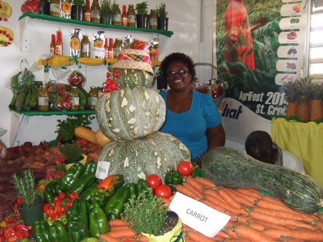 Annell Nicholas, from the Antigua Agriculture Ministry, displays a 'pumpkin woman' at the farmers market Saturday.