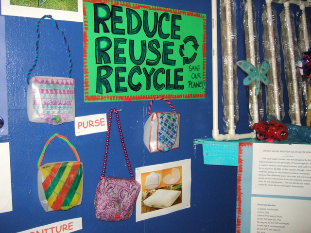 Plastic purses and a solar water heater made by Eulalie Rivera Elementary Students are on display at the Ag Festival.