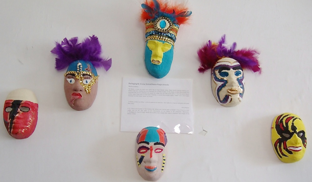 Mocko jumbie masks created by students from St. Croix Educational Complex were part of the 'Package St. Croix' exhibit Saturday at the National Park Service's Steeple Building.