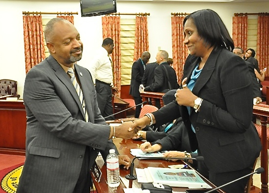 Sen. Tregenza Roach greet Education Commissioneer Donna-Frett Gregory Wednesday at the Senate.