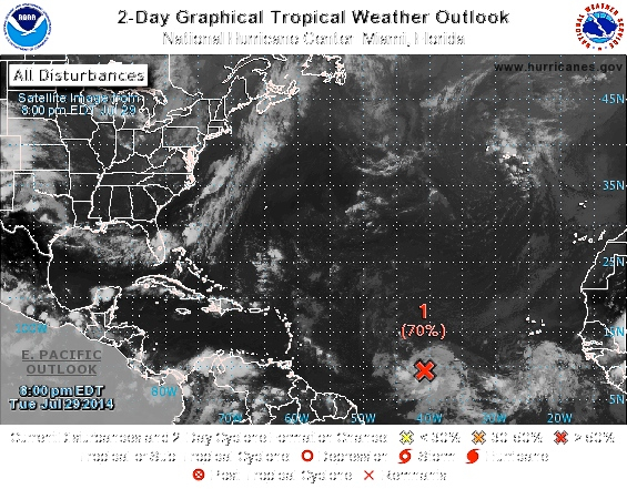 NOAA satellite image at 8 p.m. Tuesday shows the low pressure system moving towards the Antilles.