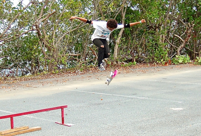 John Ruiz shows his skateboarding skills during the Caribbean Beach Games Sunday. 