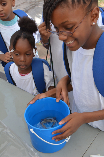 Jnicia Rubaine weighs the crab that came up on her line.