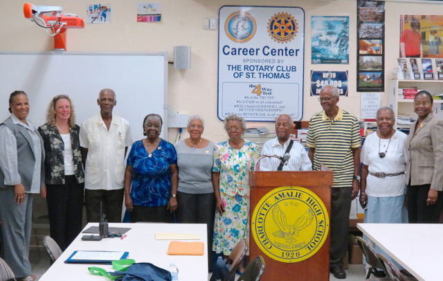 From left, Insular Superintendent Jeanette Smith-Barry, CFVI Executive Director Dee Bacher Brown, Class of '51 alumni Neville Samuel, Mavis Robles, Janet Smalls, Genevieve Rogers, Eugene Gottlieb and James Francis, Marva Applewhite and CAHS Principal Carmen Howell.