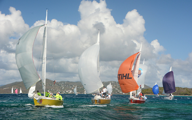 The IC24 Class makes a spectacular dash to the finish line in the last race in Cowpet Bay. (Dean Barnes photo)
